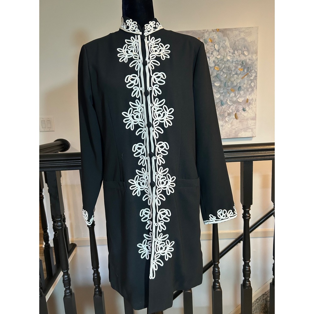 Victor Costa Occasion Black White Soutache Embroidered Coat Dress Jacket Small